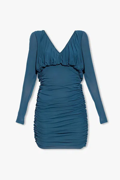 Saint Laurent Long Sleeve Ruched Mini Dress In Blue