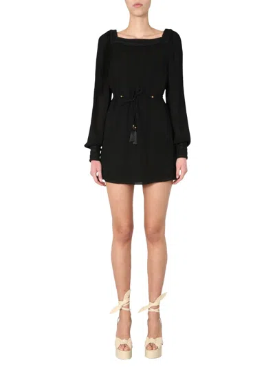 Saint Laurent Long Sleeved Embroidered Dress In Black