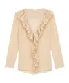 Saint Laurent Beige Blouse With V Neck And Ruffles On Front And Rear In Silk Woman In Brown