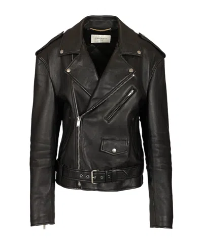 Saint Laurent Belted Leather Zip-up Jacket In Black
