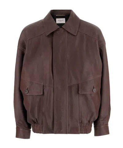 Saint Laurent Long-sleeved Leather Jacket In Black