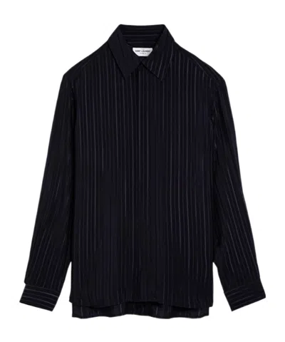 Saint Laurent Navy Blue Striped Silk Shirt Women