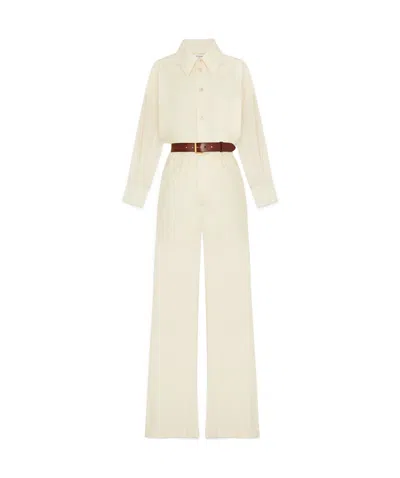 Saint Laurent Long-sleeved Wide-leg Jumpsuit In White