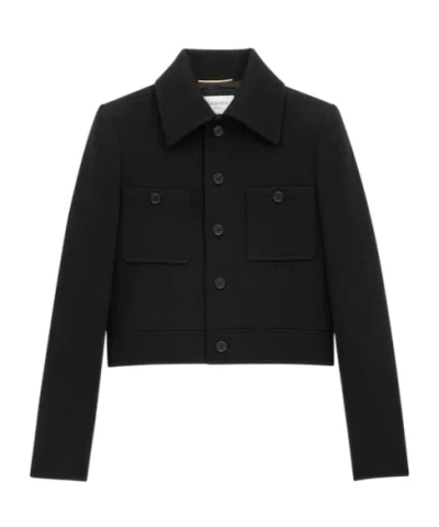 Saint Laurent Long-sleeved Wool Casual Jacket In Black
