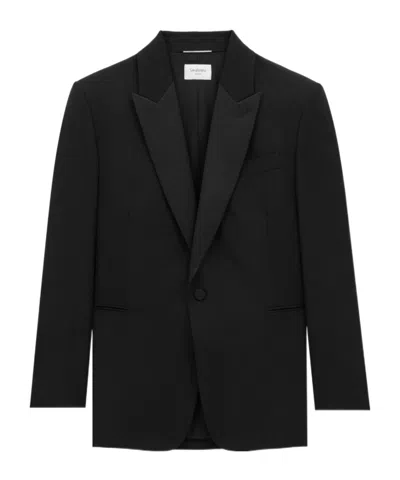 Saint Laurent Long-sleeved Wool Suit Coat In Black