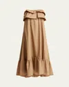 Saint Laurent Beige Long Dress With Bustier Neckline And Ruffled Skirt In Cotton Woman In Cannelle