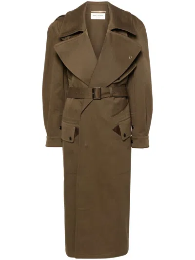 Saint Laurent Twill Midi Trench Coat In Green