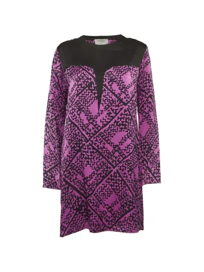 Pre-owned Saint Laurent Long-sleeve Abstract-print Silk Mini Dress In Purple