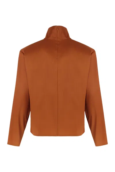 Saint Laurent Long-sleeve Silk-blend Blouse With High Collar In Brown