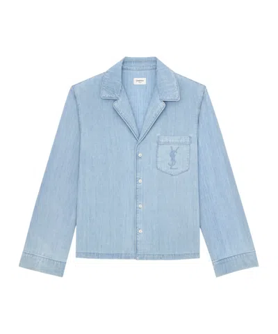 Saint Laurent Cassandre Chambray Shirt Contrasting Piping Collar In Multi