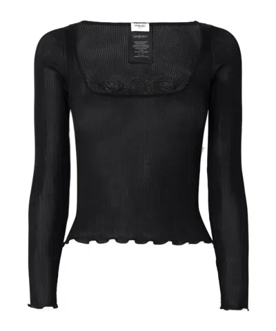 Saint Laurent Lace-trimmed Ribbed Silk Top In Black