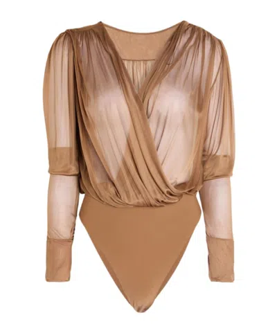 Saint Laurent Long-sleeved V-neck Bodysuit In Brown
