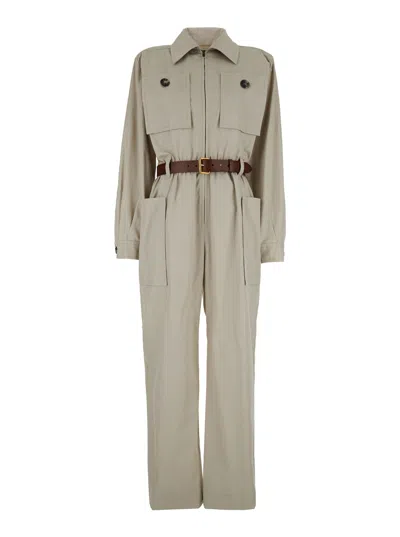 Saint Laurent Look 1 Combinaison Pantalon Avec Poches Plaquees Et Zip Milieu Davant Twill De Coton In Beige