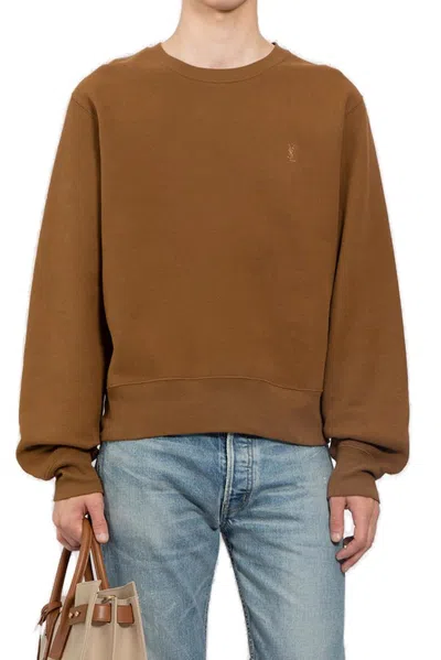 Saint Laurent Cotton Sweatshirt With Embroidered Logo In Brown