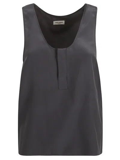 Saint Laurent Scoop-neck Silk Tank Top In Medium Blue