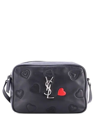 Pre-owned Saint Laurent Lou Camera Bag Heart Stitched Leather Small Crossbody Bag In Black