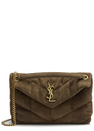 Saint Laurent Lou Puffer Small Suede Shoulder Bag In Brown