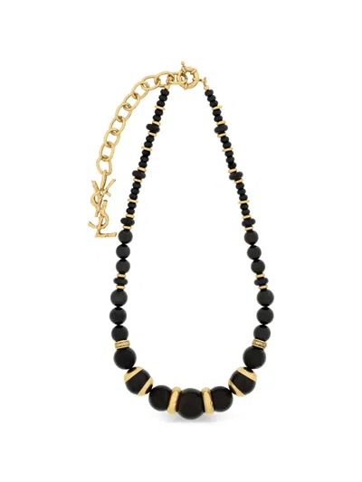 Saint Laurent Loulou Bead Necklace Wood Resin Metal In Black