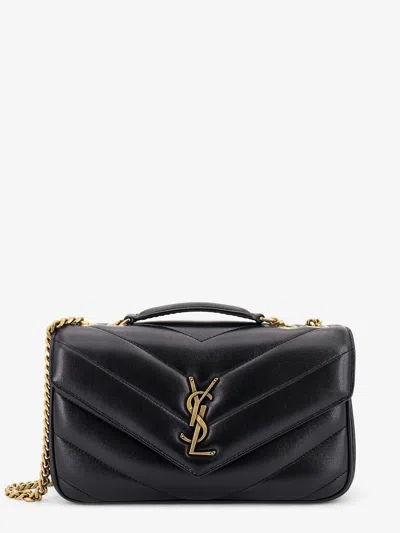 Saint Laurent Loulou Leather Shoulder Bag With Metal Cassandre Logo In Black