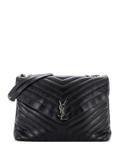 Pre-owned Saint Laurent Loulou Matelasse Chevron Leather Large Shoulder Bag In Black