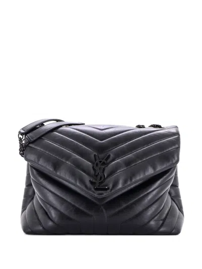 Pre-owned Saint Laurent Loulou Matelasse Chevron Leather Medium Shoulder Bag In Black