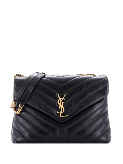 Pre-owned Saint Laurent Loulou Matelasse Chevron Leather Medium Shoulder Bag In Black
