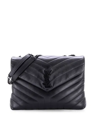 Pre-owned Saint Laurent Loulou Matelasse Chevron Leather Medium Shoulder Bag In Black
