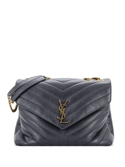 Pre-owned Saint Laurent Loulou Matelasse Chevron Leather Medium Shoulder Bag In Gray