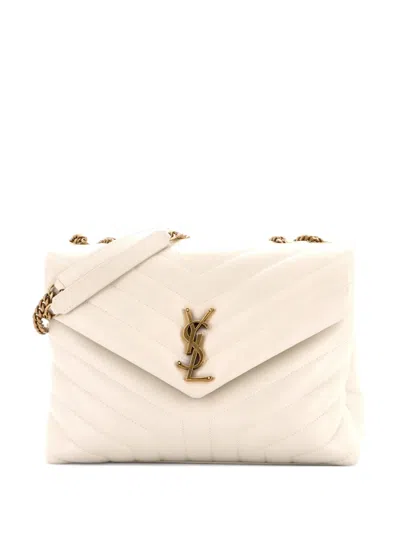 Pre-owned Saint Laurent Loulou Matelasse Chevron Leather Medium Shoulder Bag In Neutral