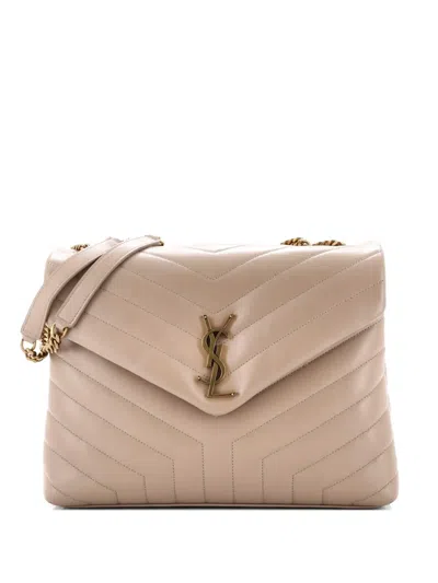 Pre-owned Saint Laurent Loulou Matelasse Chevron Leather Medium Shoulder Bag In Neutral