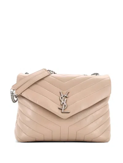 Pre-owned Saint Laurent Loulou Matelasse Chevron Leather Medium Shoulder Bag In Neutral