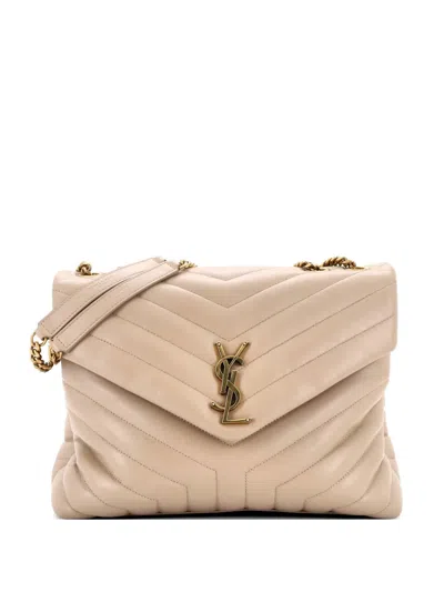 Pre-owned Saint Laurent Loulou Matelasse Chevron Leather Medium Shoulder Bag In Neutral