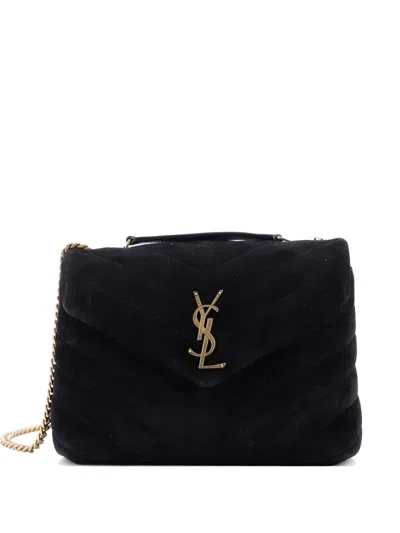 Pre-owned Saint Laurent Loulou Matelasse Chevron Suede Small Shoulder Bag In Black