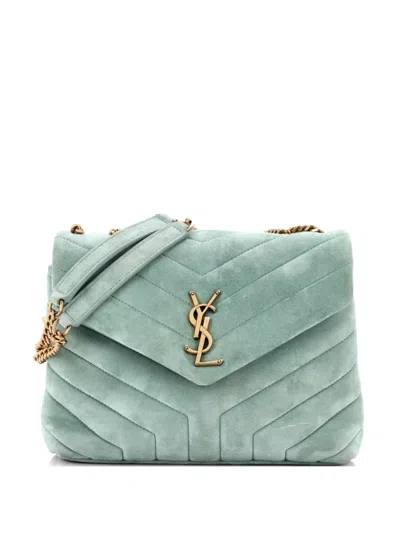 Pre-owned Saint Laurent Loulou Matelasse Chevron Suede Small Shoulder Bag In Green