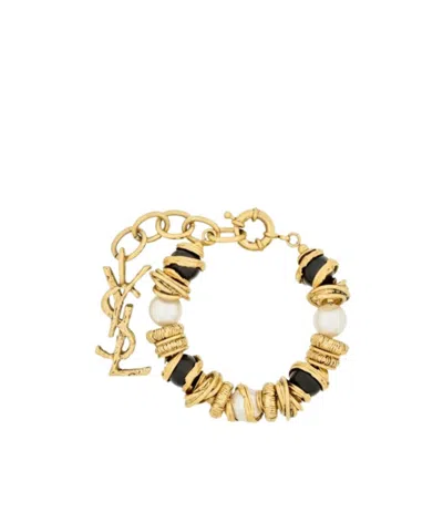 Saint Laurent Loulou Pearl And Disk Bracelet In Resin And Metal In Multi