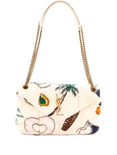 Pre-owned Saint Laurent Loulou Puffer Quilted Printed Terry Cloth Small Shoulder Bag In Multi
