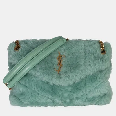 Pre-owned Saint Laurent Loulou Puffer Small Iced Mint Shearling Shoulder Bag In Green