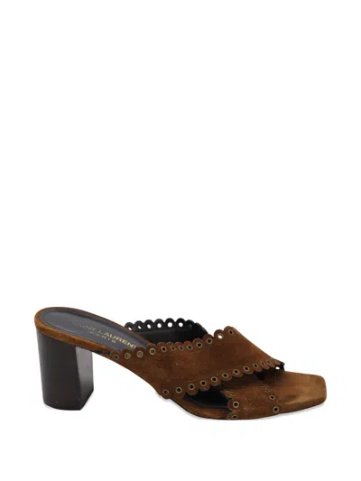 Pre-owned Saint Laurent Loulou Scalloped Eyelet Sandals In Brown