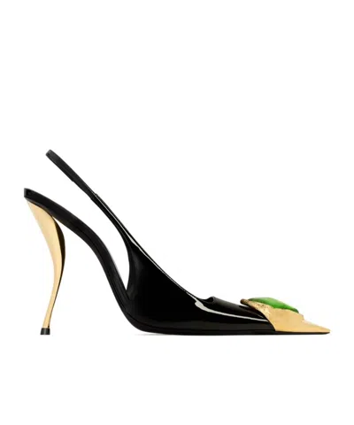 Saint Laurent Loulou Slingback Pumps In Patent Leather In Nero & Cognac