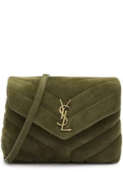 Saint Laurent Loulou Toy Quilted Cross Body Bag, Suede Bag, Olive In Burgundy