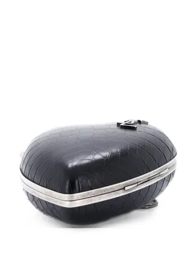 Pre-owned Saint Laurent Love Heart Chain Box Crocodile Embossed Leather Clutch Bag In Black