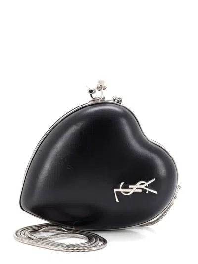Pre-owned Saint Laurent Love Heart Chain Box Leather Small Clutch Bag In Black