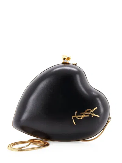 Pre-owned Saint Laurent Love Heart Chain Box Leather Small Clutch Bag In Black