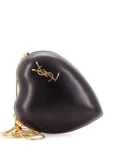 Pre-owned Saint Laurent Love Heart Chain Box Leather Small Clutch Bag In Black