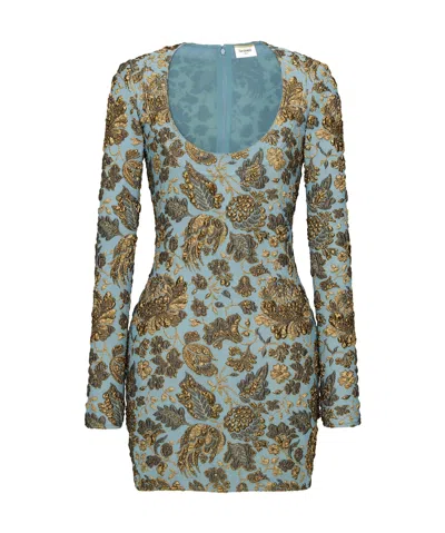 Saint Laurent Low-cut Mini Dress In Blue