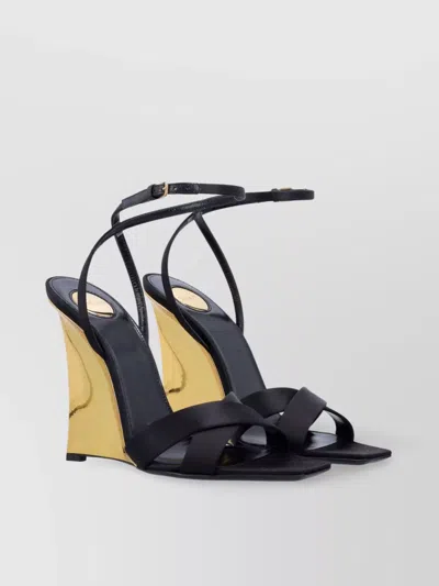 Saint Laurent Lucienne Open Toe Wedge Sandal With Gold Heel