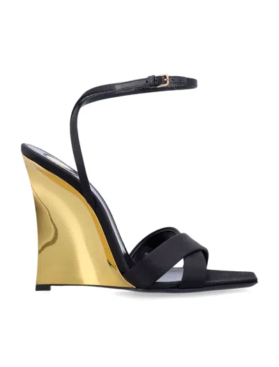 Saint Laurent Lucienne 110 Crepe Satin Wedge Sandals In Black