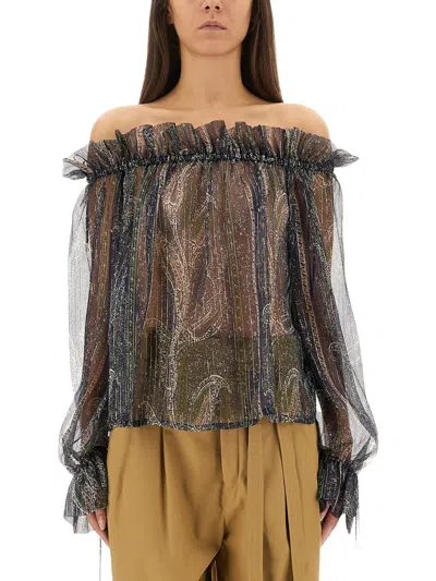 Saint Laurent Lurex Silk Creponne Top In Blue