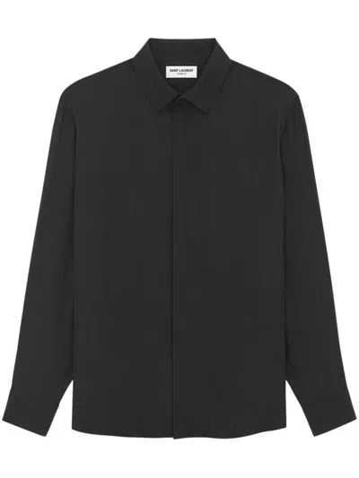 Saint Laurent Luxurious All-over Logo Print Silk Shirt For Men In Black