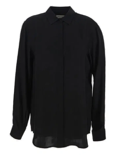 Saint Laurent Luxurious Cotton Collared Shirt With Raffia Detailing For Women In Black